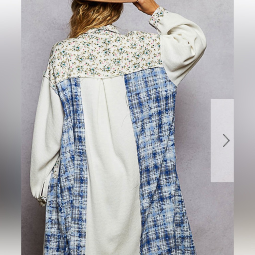 POL balloon sleeves mixed patterns Blue and White Plaid & thermalOversized